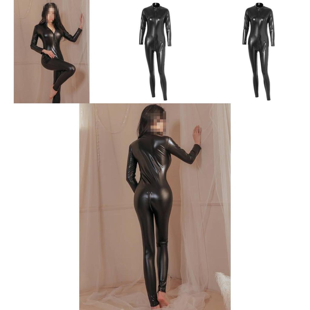 Verlockender schwarzer Ganzkörper-Latex-Body mit langen Ärmeln und Reißverschlussdesign für Rollenspiele und Cosplay