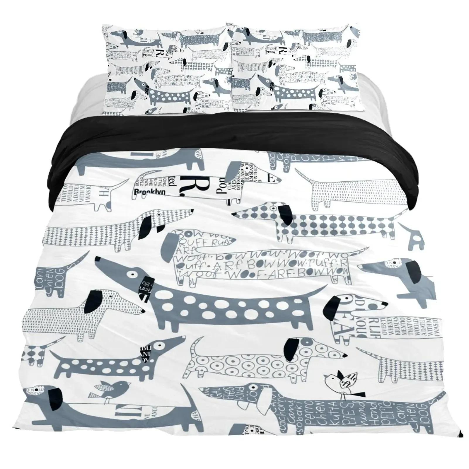 Teckel Dekbedovertrek Set Cartoon Stijl Teckels King Size Beddengoed Set voor Hondenliefhebbers Jongens Tieners 2/3 Stuks Twin Dekbedovertrek EU single(135x200cm)