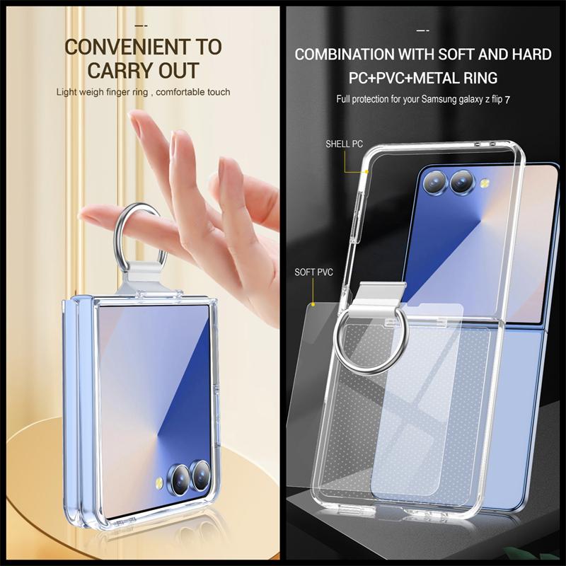 Luxury With Grip Ring Case for Samsung Galaxy Z Flip 7 6 5 4 3 ZFlip7 ZFlip6 Finger Buckle Solid Color Matte Shockproof PC Cover
