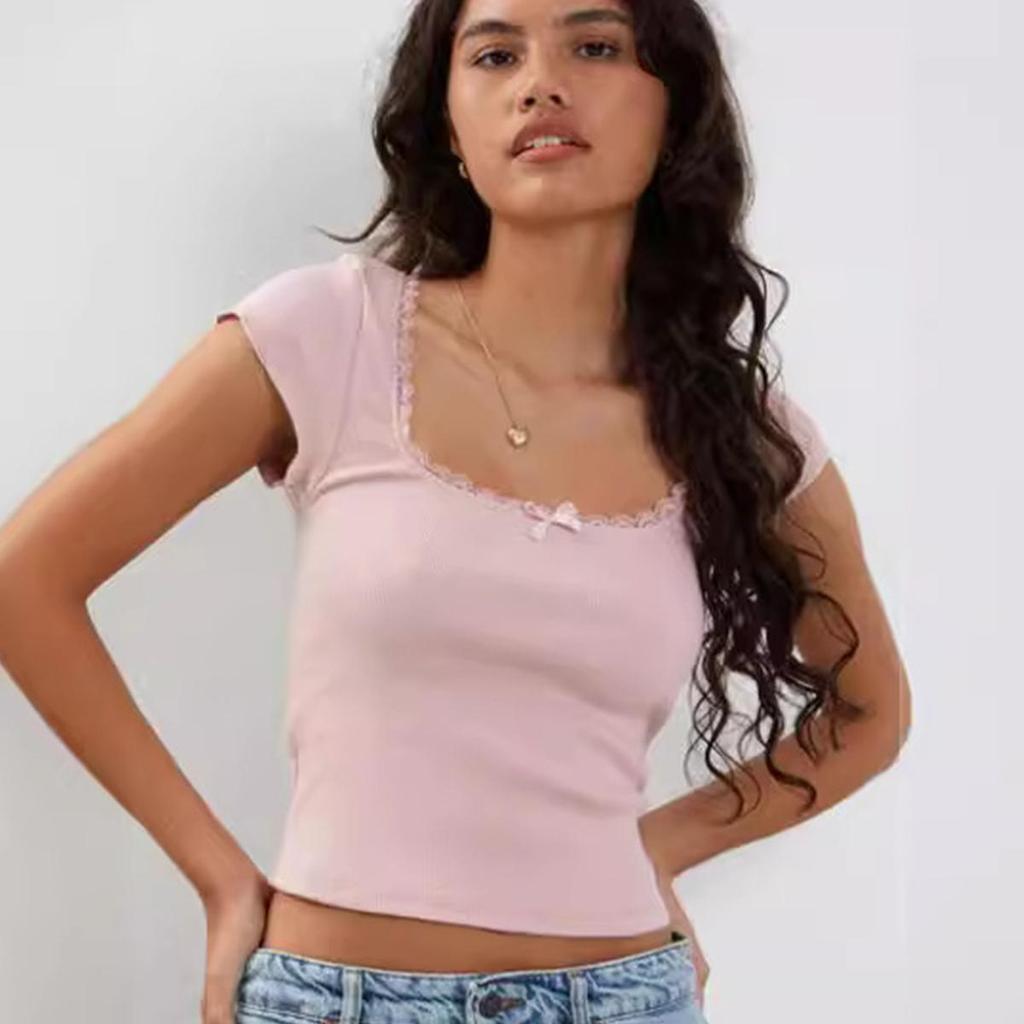 Y2k Vintage Baby Tee Cottage Krajka Tričko Pletené tričko Letní čtvercový výstřih Tričko s krátkým rukávem Ženy Bílá Dojička Crop Top