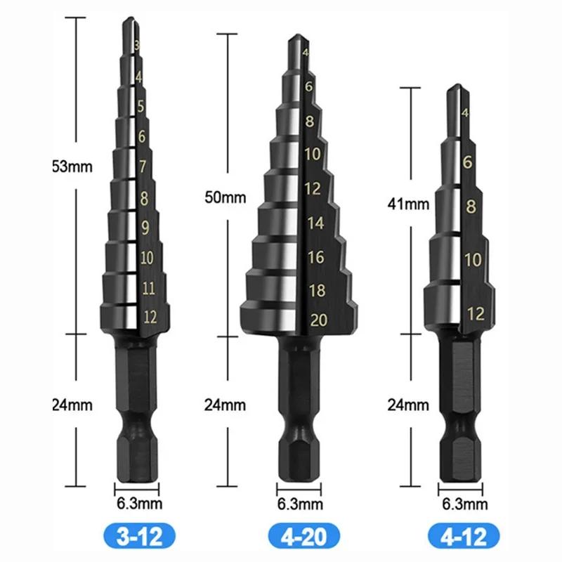 3 buc. Burghie HSS cu pas drepte, 3-12mm, 4-12mm, 4-20mm, nitrură, hexagonală neagră, lemn, metal, tăietor pentru găuri, set de instrumente de găurit