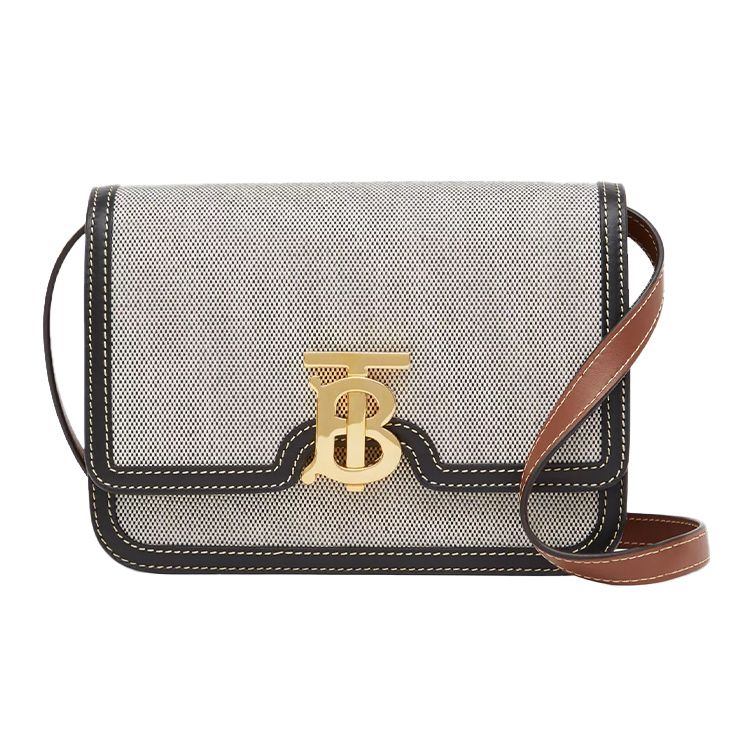 

Burberry TB Monogram Canvas Crossbody Bag, Luxury Two-Tone Leather Trim Gold-Tone Hardware Flap Handbag for Women, Daily Commute 80306661 Basic Set (Bag+Dust Bag)