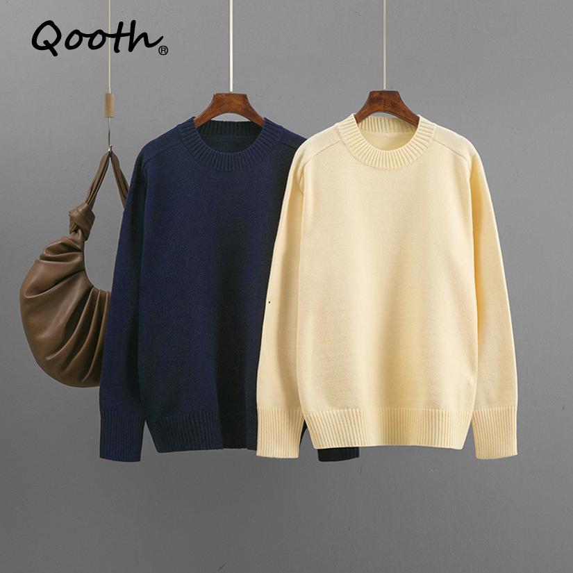 Qooth Basic Casual Sweater Women Oversize Solid Color Round Neck Knit Top QT2790