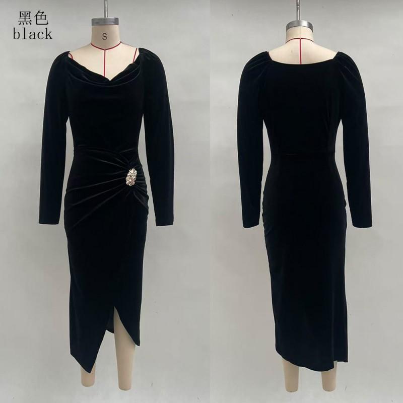 Womens Sexy Long Sleeve Slim Fit Pleated Maxi Dress Velvet Bodycon Split Party