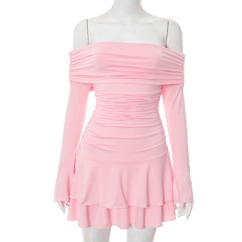

Outfitgirl5 Pink Strapless off-Shoulder Lapel Pleated Ruffles Dress Sexy Bar Dress Pink L