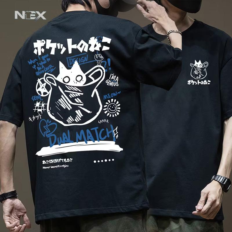 Men Cartoon T-Shirts 2026 Summer Harajuku Kawaii Cat Printed Short Sleeve Tees Couple Streetwear Loose Clothes Y2K Tops