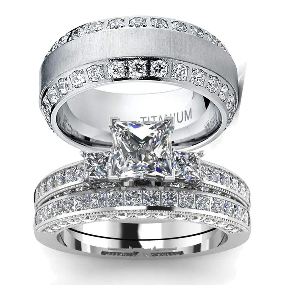 Couple Rings For Women White Rhinestones Zirconia Rings Set Simple CZ Stainless Steel Men Ring Wedding Jewelry For Lover Gifts