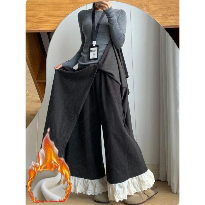 Patchwork Lace Trim High-Waisted Woolen Wide-Leg Pants for Women - Autumn/Winter Plus Velvet Casual Loose Fit.