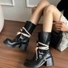 New Luxury Retro Matte Punk Style Front Lace Up Mid Calf Lady Boots Round Toe Platform All-Match Casual Shoes Chunky Heels Boots