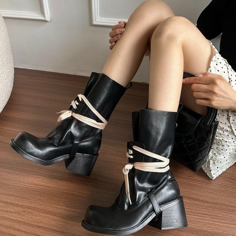 New Luxury Retro Matte Punk Style Front Lace Up Mid Calf Lady Boots Round Toe Platform All-Match Casual Shoes Chunky Heels Boots