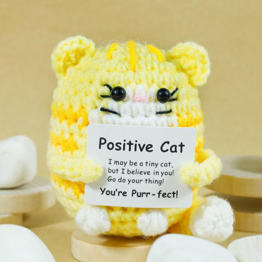 Funny Crochet Positive Cat Doll With Card Home Room Decoration Handmade Knitted Cat Christmas Doll Ornament Christmas Party Gift