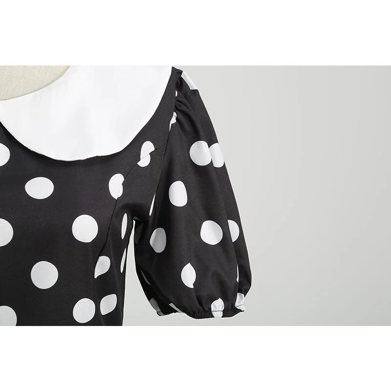 Collar Elegant Women Summer Dress Short Sleeve Dot Vintage Dress A Line Midi Party Sundress