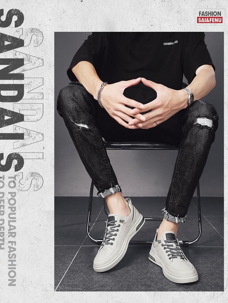 Autumn new men's casual versatile sports leather skateboard shoes fashionable white style soft walk style fashionable