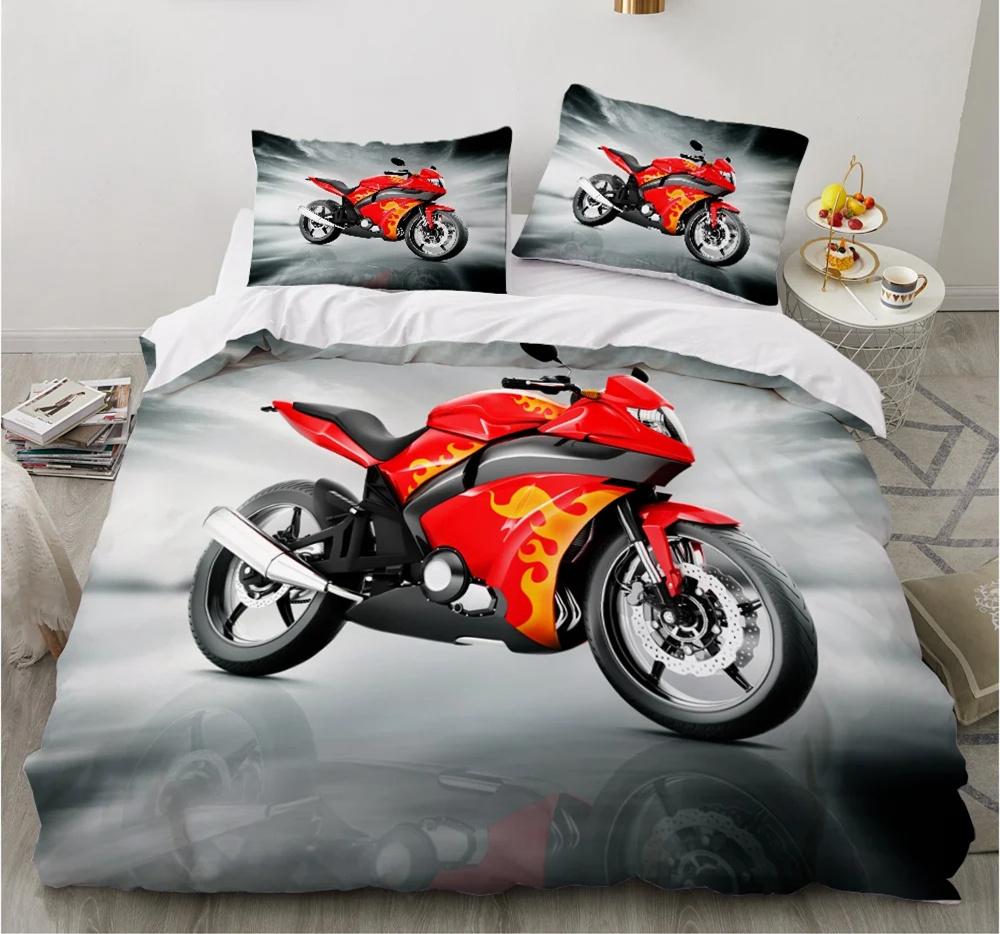 Motorrad Bettwäsche Set 3D Druck Autos Bettbezug mit Kissenbezug Motocross Tagesdecke Jungen Kinder Bettset King Size Heimtextilien