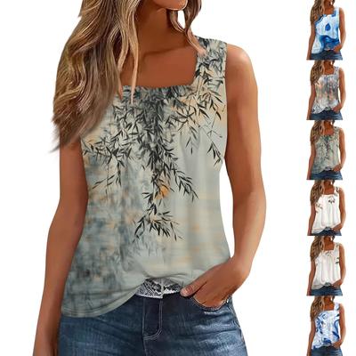Γυναικείο T-shirt με πλισέ τετράγωνο γιακά και αμάνικο στάμπα