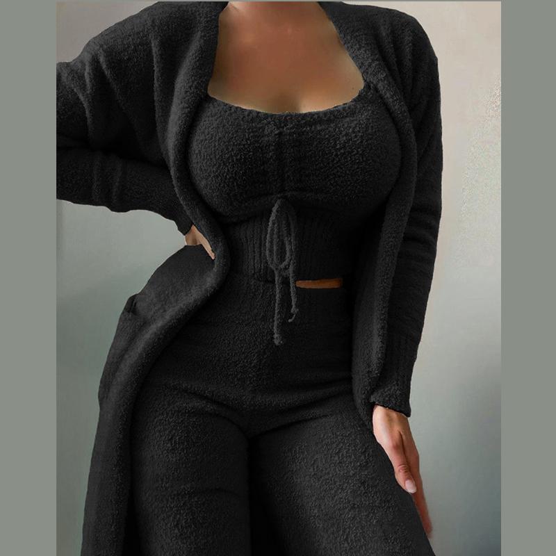 

Женский флисовый комплект из 3 предметов, укороченная майка на тонких бретельках, широкие длинные брюки, пушистое кимоно, уютный пижамный комплект, женский брючный костюм 3XL чёрный