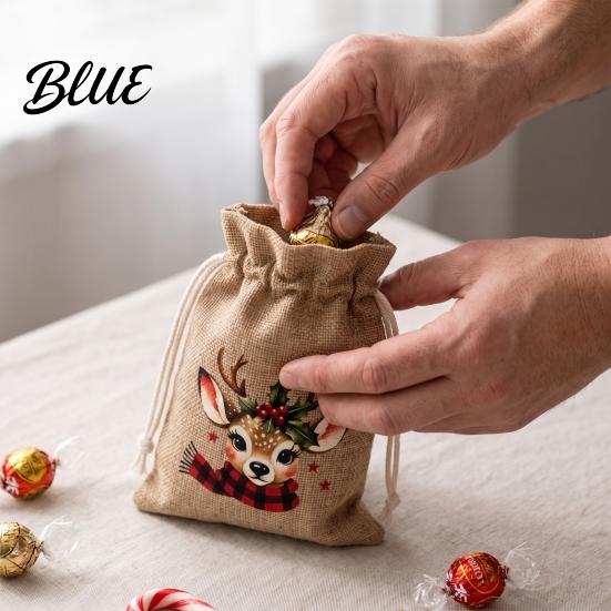 Holiday Treat Bags for Kids Christmas Drawstring Bags, Small Festive Prints Burlap Pouches Seasonal Gift Wrapping Supplies Candy Jewelry And