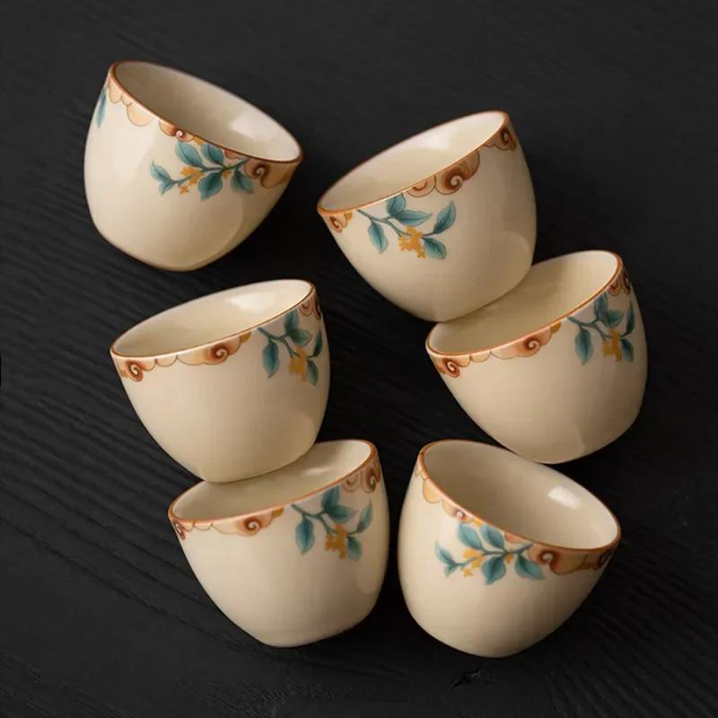 1 Pc Chinese Tradition Ru Kiln Tea Cup Hand Painted Leaves Pattern Ceramic Tea Bowl Household Teaware Handmade Teacup 50ml