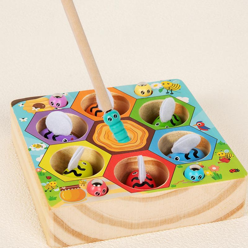Kids' Wooden Beehive Fishing Toy - Ages 3+ for Concentration, Insect Catching, and Color Recognition