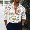Men Collared Shirt Light Blue White Apricot Floral Leaf Print Long Sleeve Button Down Top