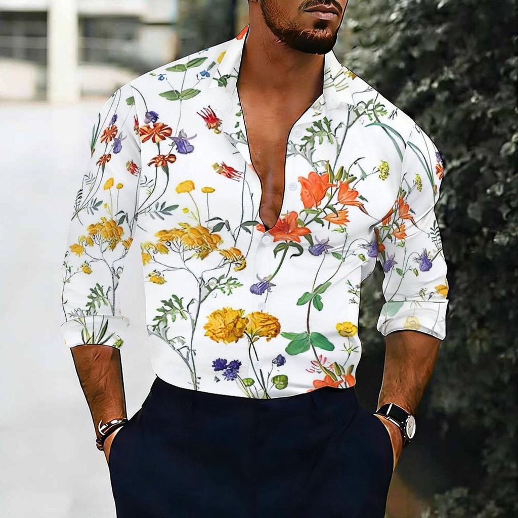 Men Collared Shirt Light Blue White Apricot Floral Leaf Print Long Sleeve Button Down Top