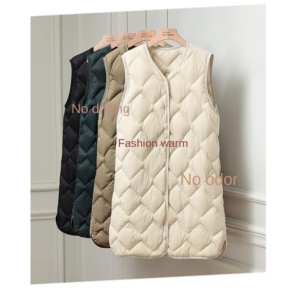 Women's Lightweight Down Vest - Mid-Length V-Neck Autumn/Winter Plus Size Waistcoat - Lightweight Down Lining Sports Vest