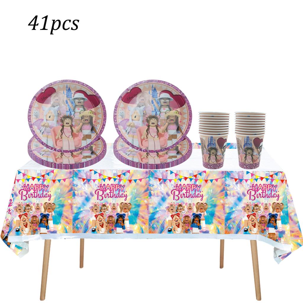 Pink Robloxed Theme Birthday Party Decorations Tableware Set Balloons Cups Plates Banner Backdrop Girls Baby Shower Supplies for Round Sensory 3