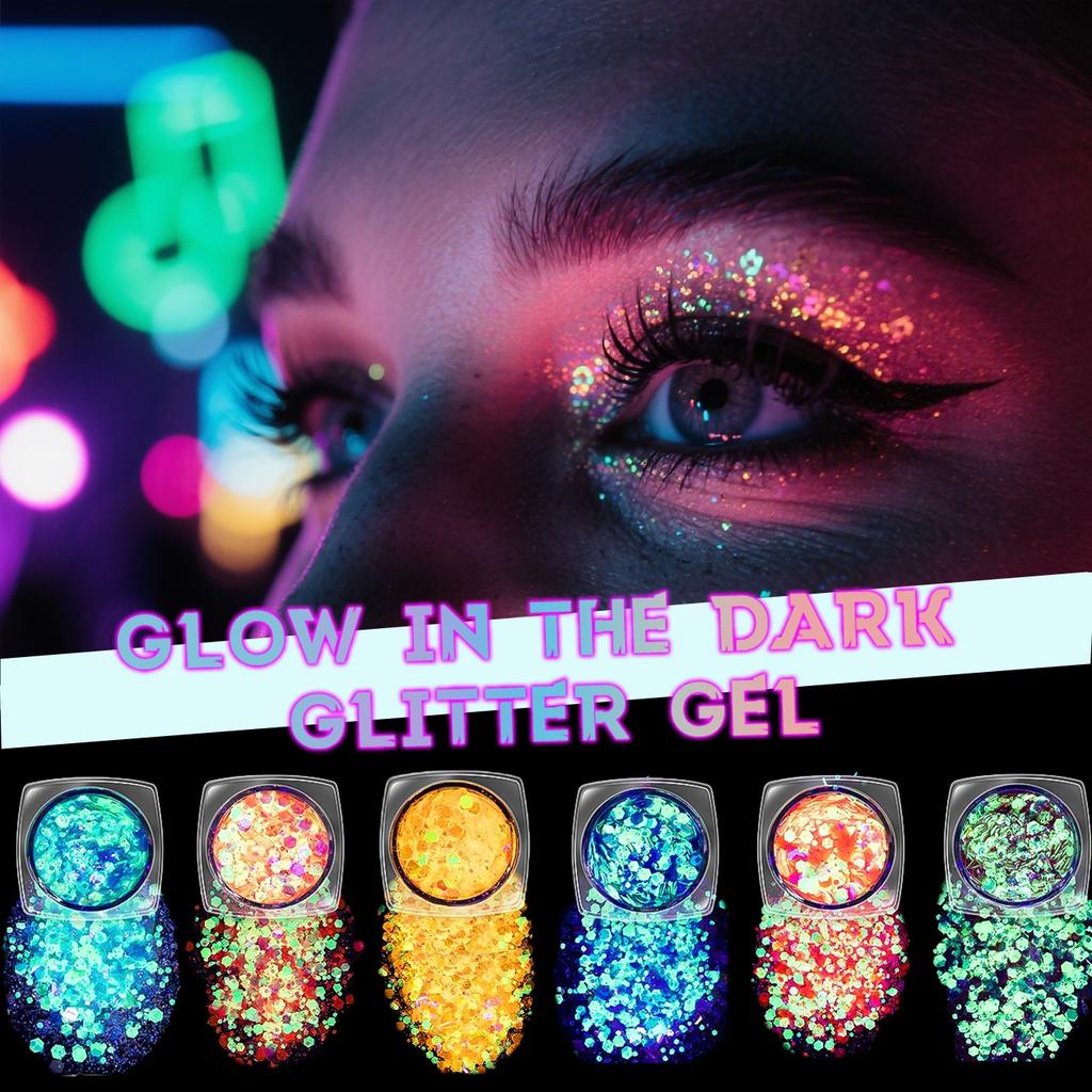 6 Colors Glow in the Dark Body Glitter Gel, Holographic Sequin Face & Hair Glitter for Halloween Party and Festival Makeup