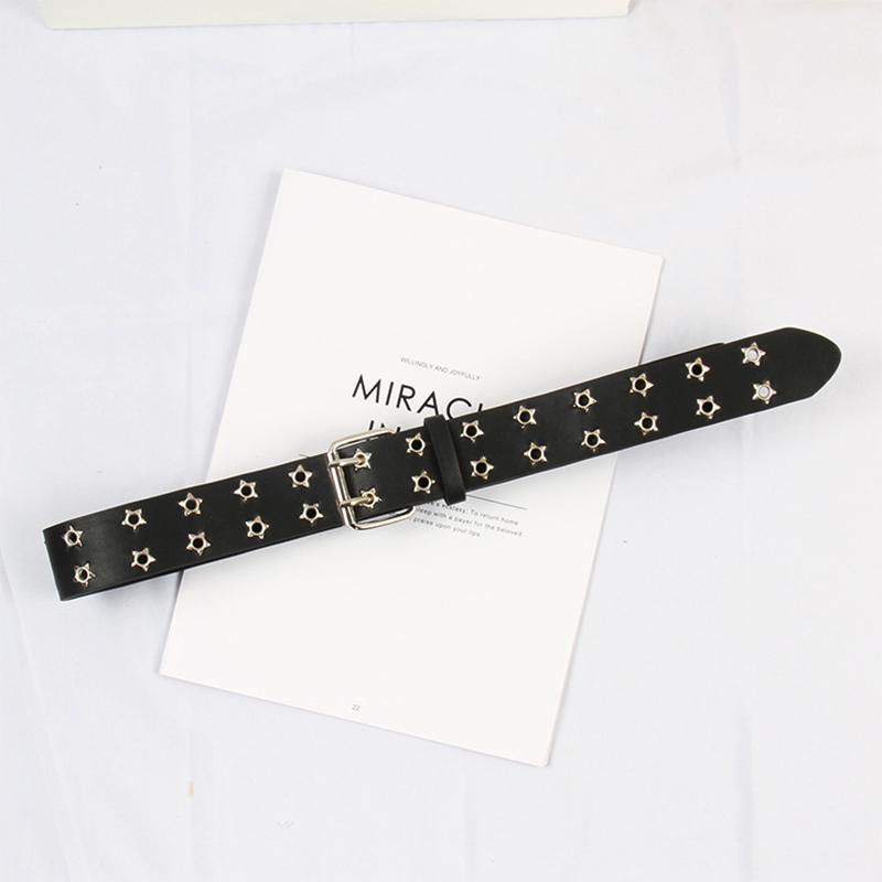 Women Punk Chain Belt Adjustable Double Eyelet Grommet Metal Buckle Leather Waistband for Jeans