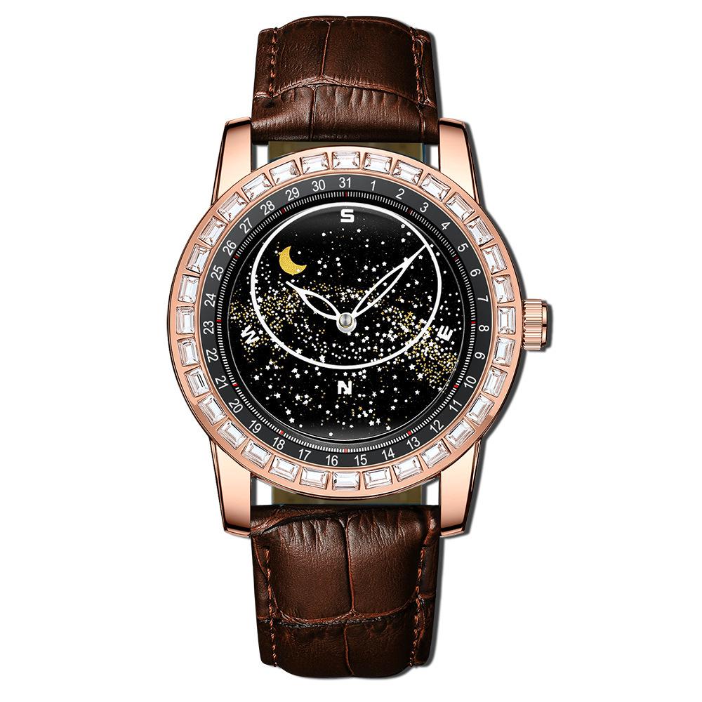 Binbang Luminous Starry Sky Men s Waterproof Leather Quartz Watch with Fashionable Hollow-Out Design