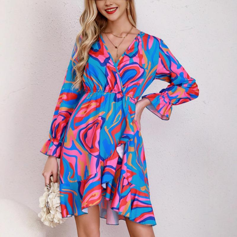 Damen Sommer Neu Rüschen Langarm Freizeit Locker Urlaubsstil Patchwork Farbe Kurzes Kleid