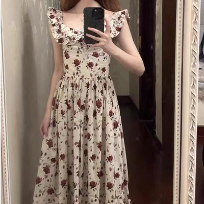 French High-end Feeling Flying Sleeves Floral Dress Women's Summer New Gentle Temperament Waist and Thin Long Dress