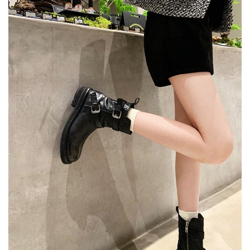 ~ One-word Buckle with Thick-bottomed Washed Shrinkage Horse Leather, Thin Short Boots for Women
