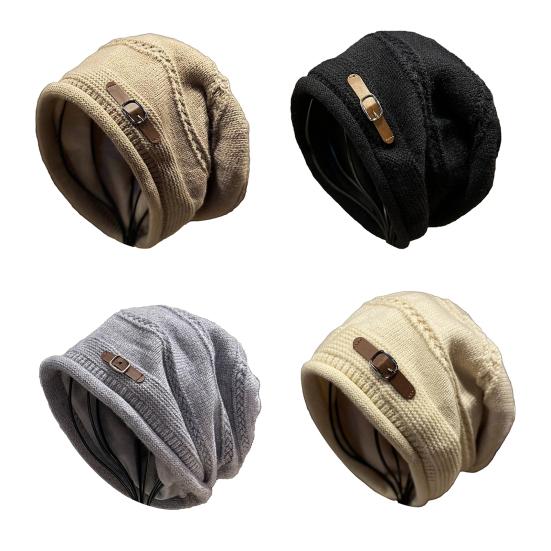 Knitted Hat Rolled-Edge Pile Shape Velvet Lining Women Hat Windproof Ear Protection Knitted Headgear