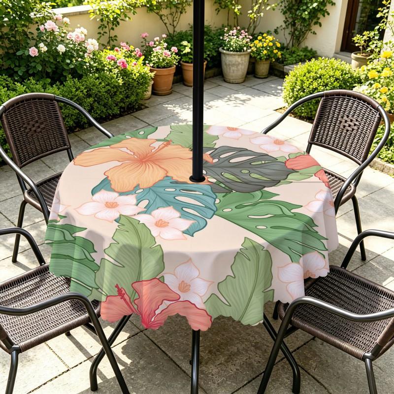 Outdoor Round Tablecloth With Umbrella Hole Waterproof Oil Resistant Floral Leaf Patio Garden Deck