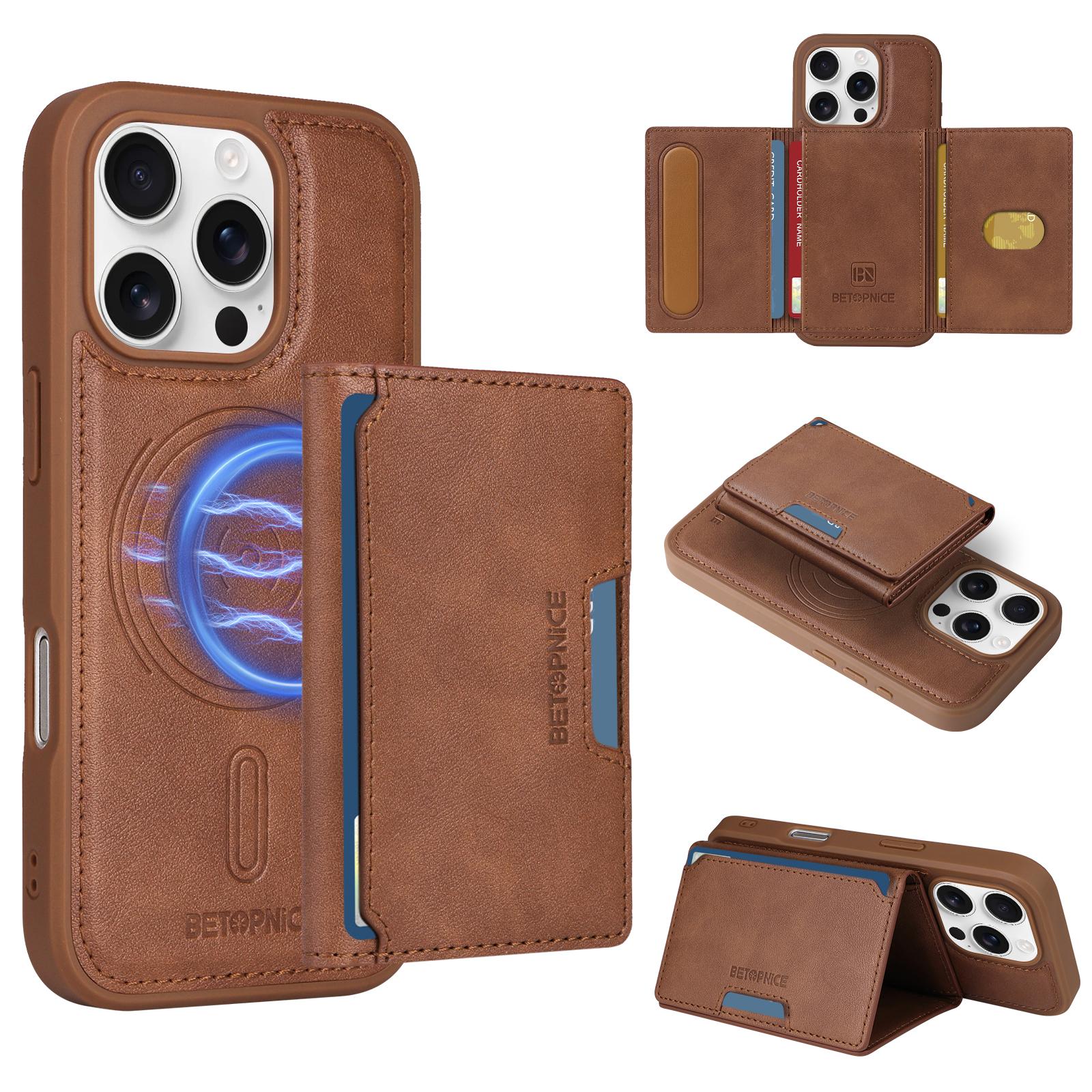 

For iPhone 16 Pro Magnetic Case BETOPNICE Leather Phone Cover Kickstand with Detachable Card Bag Brown