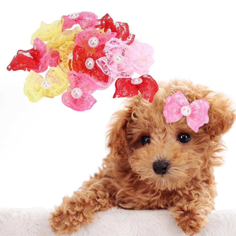 20Pcs Non-elastic Dog Hair Flower Bow Shape Pet Lace Headwear Pet Bow Hair Band  Daily Decoration