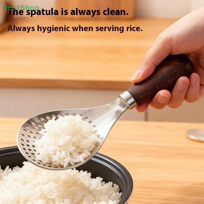 Stainless Steel Wooden Handle Vertical Rice Shovel Non-stick Rice Spoon Kitchen Gadget