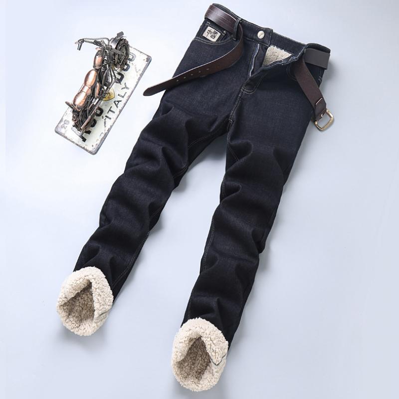 Padded Thickened Lamb Wool Jeans Men's Models Loose Straight Trousers New Cotton Elastic Autumn and Winter Warm Business Models Jeans