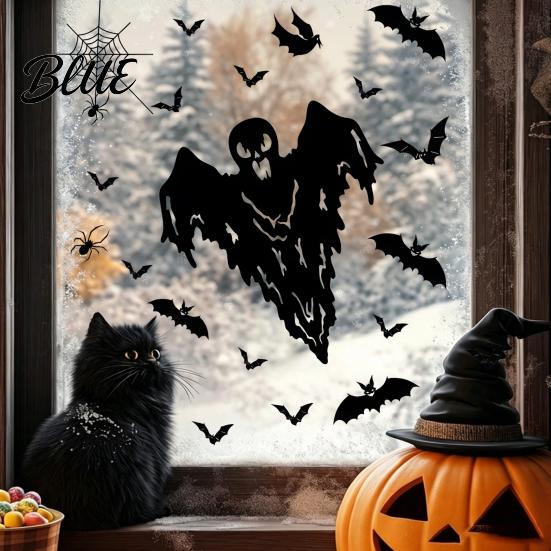 Removable Glass Clings Halloween Static Sticker with Witch/Ghost/Castle/Bat Horror Silhouette Patterns Durable PVC Spooky Shop Window Displays Wall