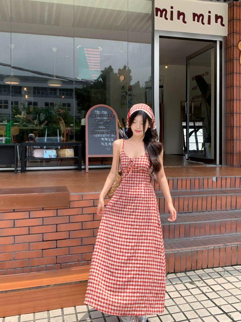 Red Plaid Women's Backless Strappy Dress - French Pastoral Style, Slim Waist, Long Skirt