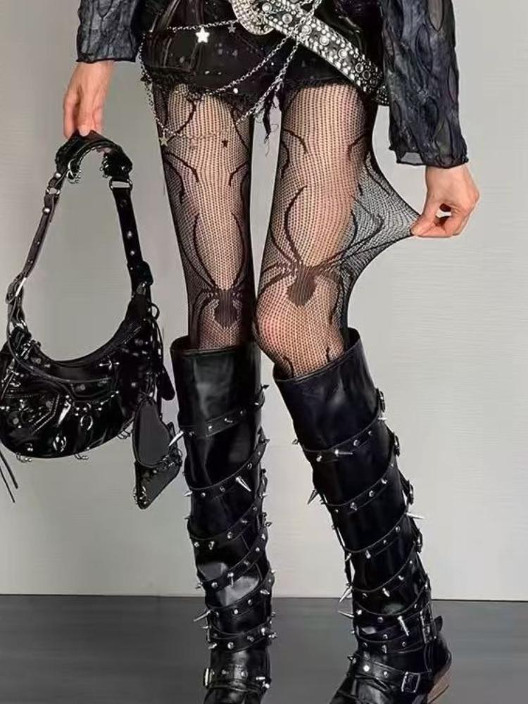 Women Sexy Spider-patterned Fishing Net Stockings Japanese Style Sheer Tights JK Gothic Halloween Hollow Out Fishnet Pantyhose