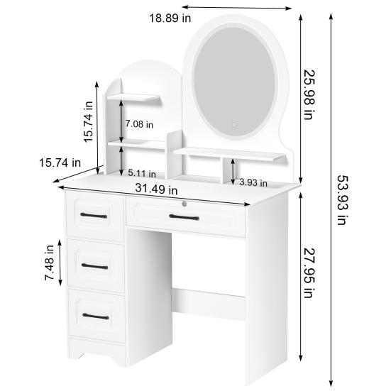 Makeup Desk with Mirror, Large Vanity Desk with Storage Shelves, 4 Drawers, Makeup Vanity Table with Light, Bedroom Dressing Table