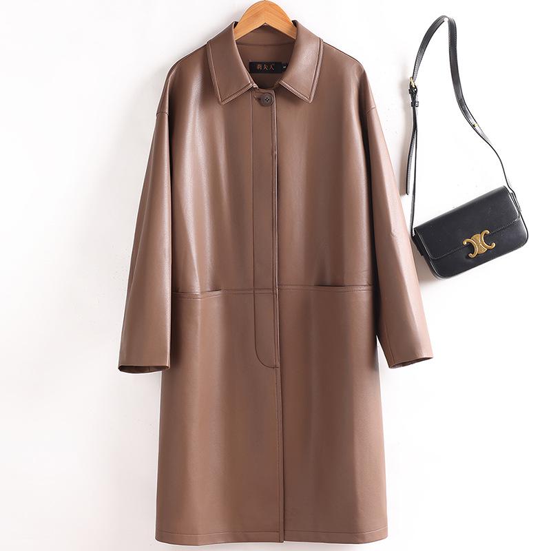 Women's Mid-Length Genuine Sheepskin Leather Jacket - Loose Slimming Trench Coat, Autumn/Winter 2025 Collection