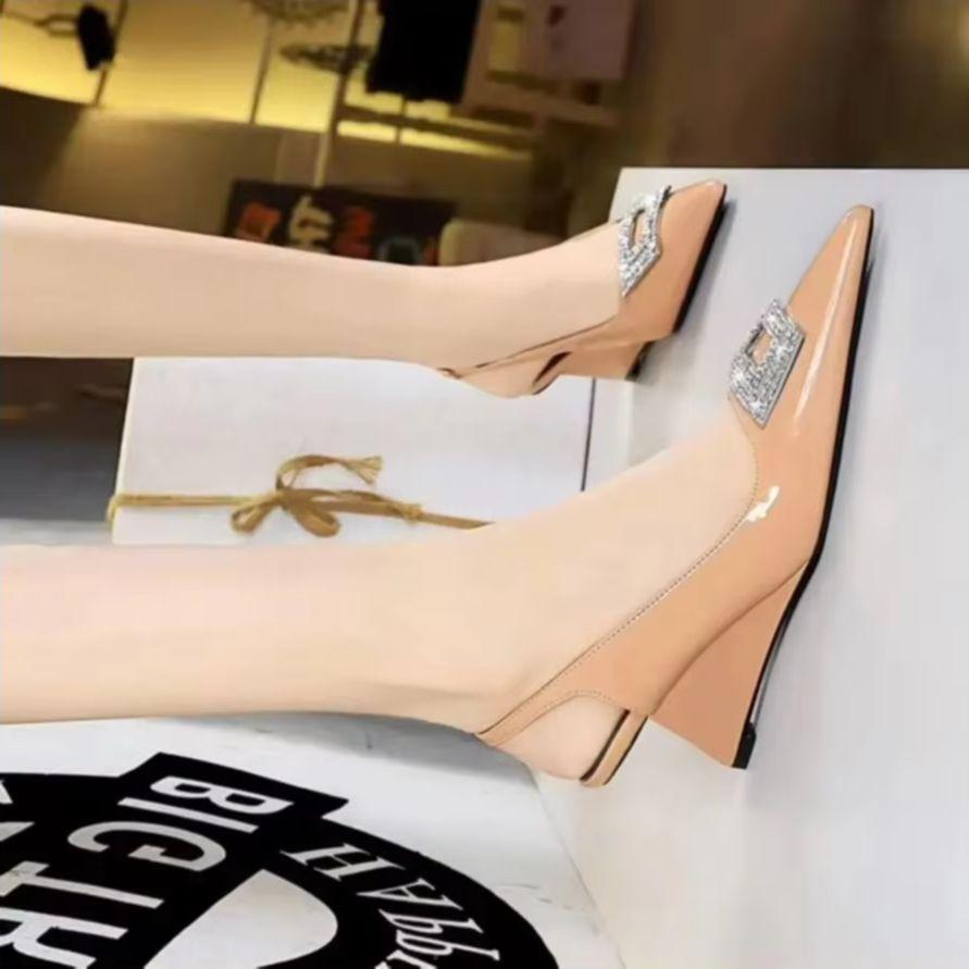 Fashion Patent Leather High Heels Wedges Shoes Lady Trendy Pumps Pointed Toe Hollow Back Strap 6.5 Cm Women Sandals White Heels Shoes
