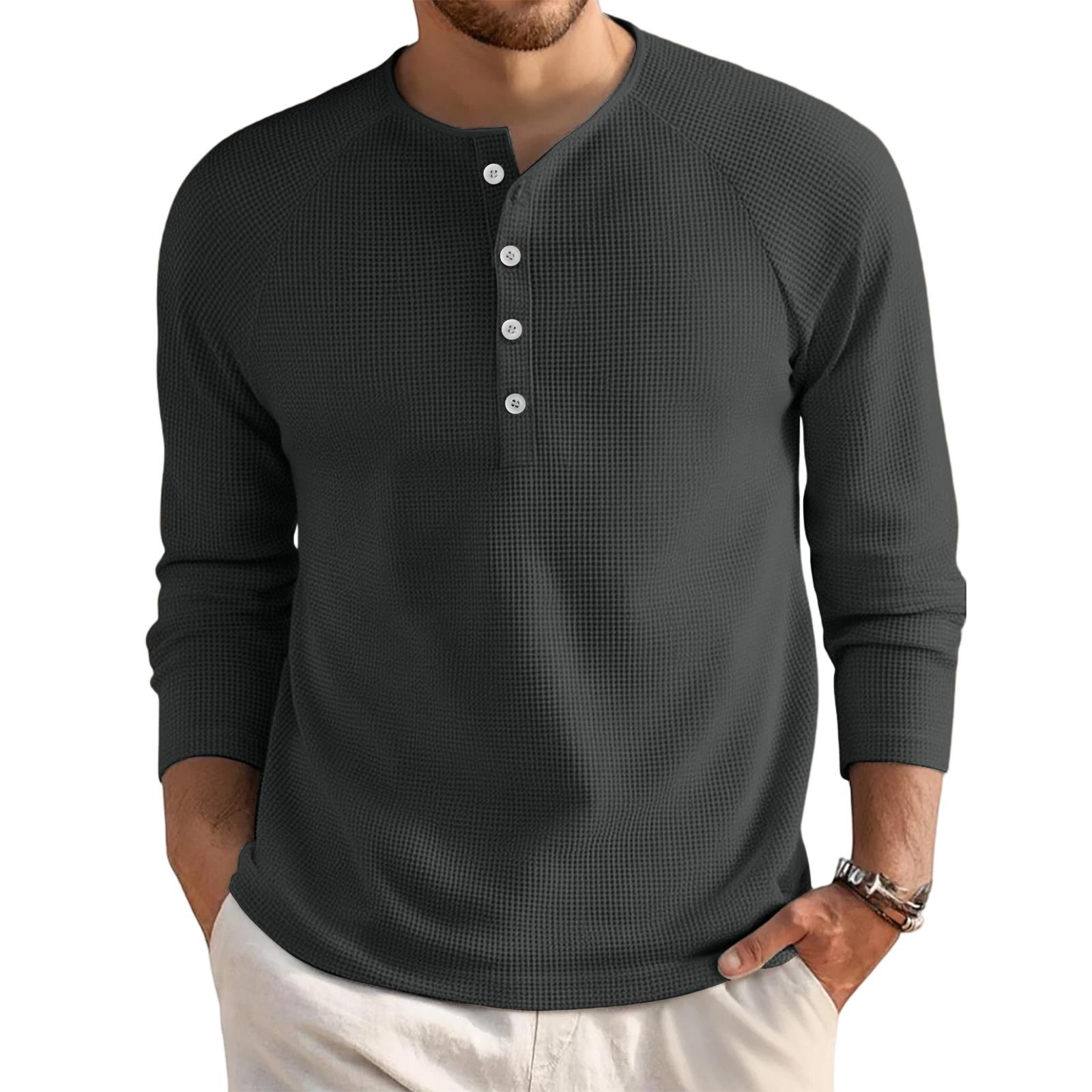 

Мужской свободный повседневный топ с длинным рукавом и воротником на пуговицах XL чёрный