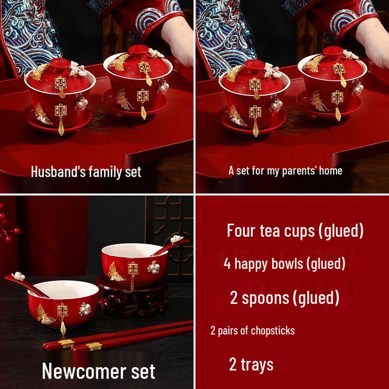 Double Happiness Butterfly Love Teacup Set: Wedding Bowls, Red Tea Set, Chopstick Pair, Dowry Gift