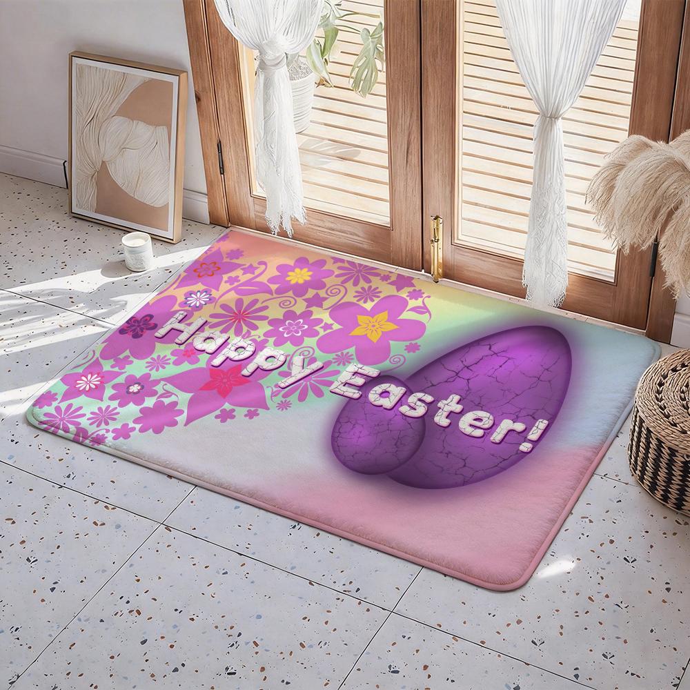 Easter Bunny Cute Eggs Floor Mat Eco Flannel Doormat Non Slip Odorless Indoor Floor Rug Soft Short Plush Home Mat