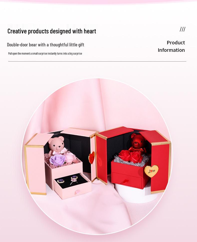 Caixa de Presente Ursinho Porta Dupla: Rosa Preservada e Gaveta de Joias para Aniversários e Dia dos Namorados