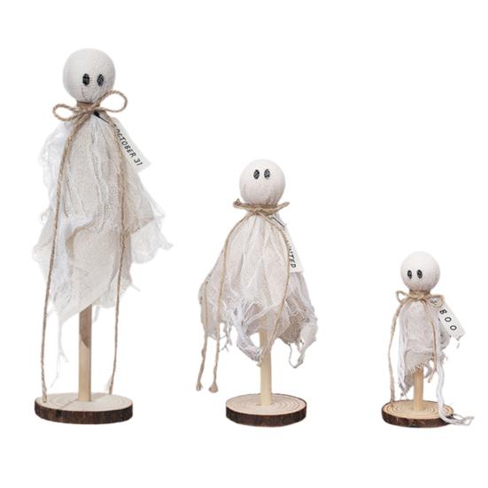 3Pcs Wooden Halloween Ghost Ornaments Rustic Shelf Sitters with Fabric Ghost Figures Farmhouse Tiered Tray Mantel Decorations